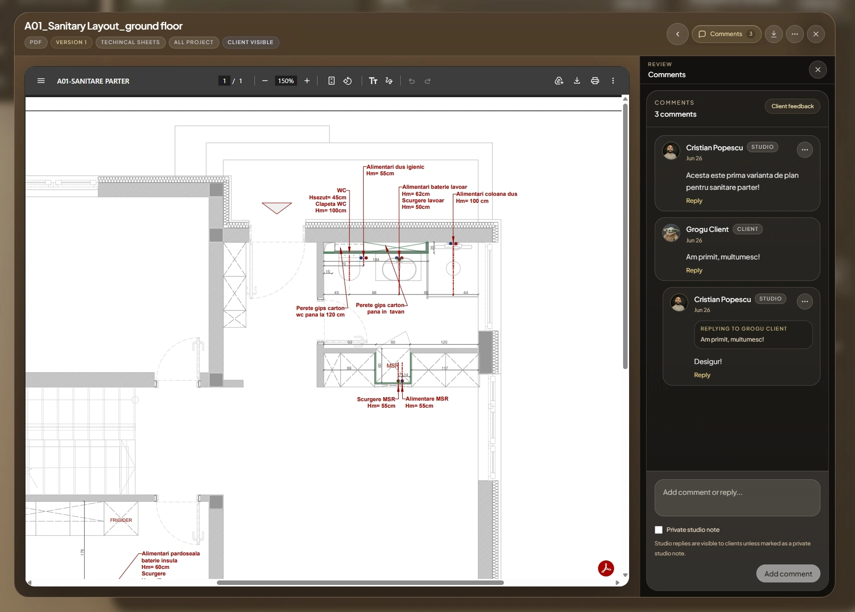 Current DesignerFlow technical PDF viewer with drawing, version context, client visibility, and studio-client comments