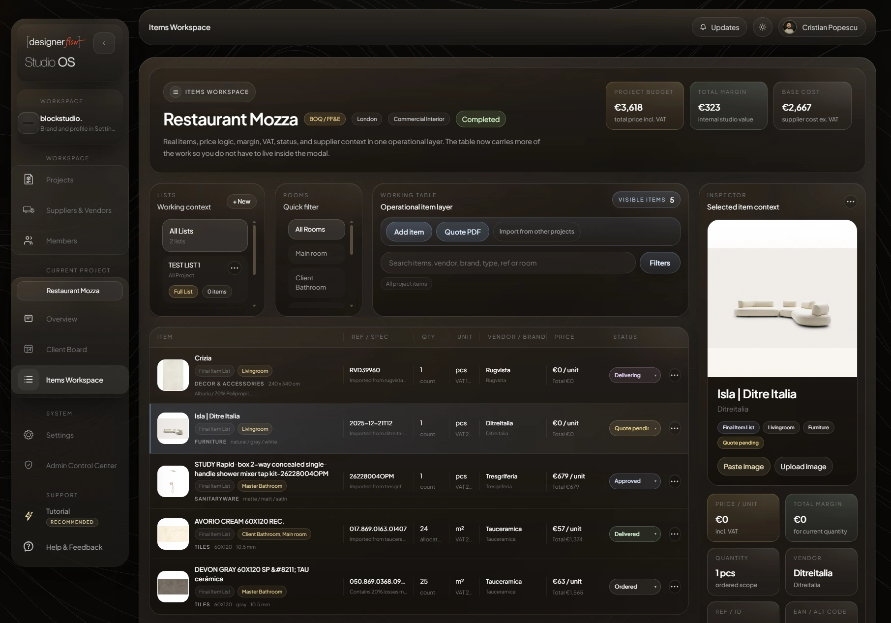 Current Restaurant Mozza Items Workspace with populated lists, rooms, vendor, brand, references, quantities, pricing, status, totals, and item inspector
