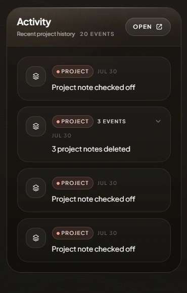 DesignerFlow recent project activity and project note history