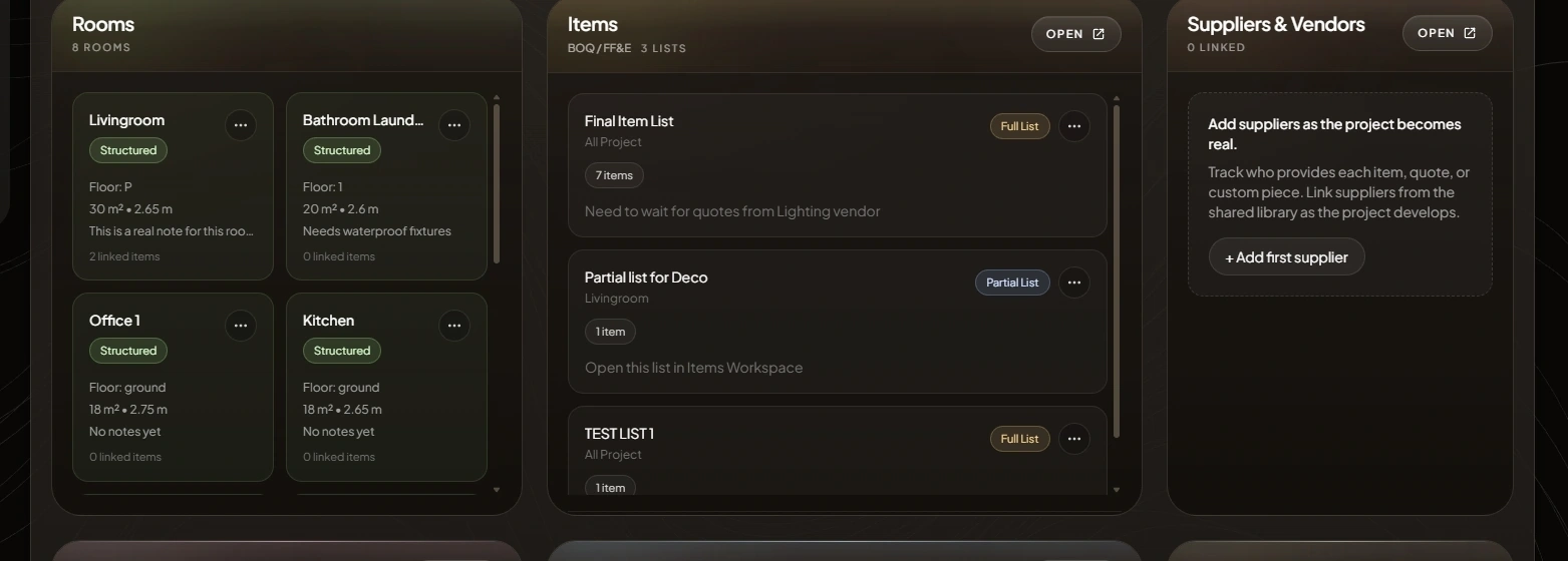 DesignerFlow whole-project structure with complete Rooms, Items, and supplier context panels
