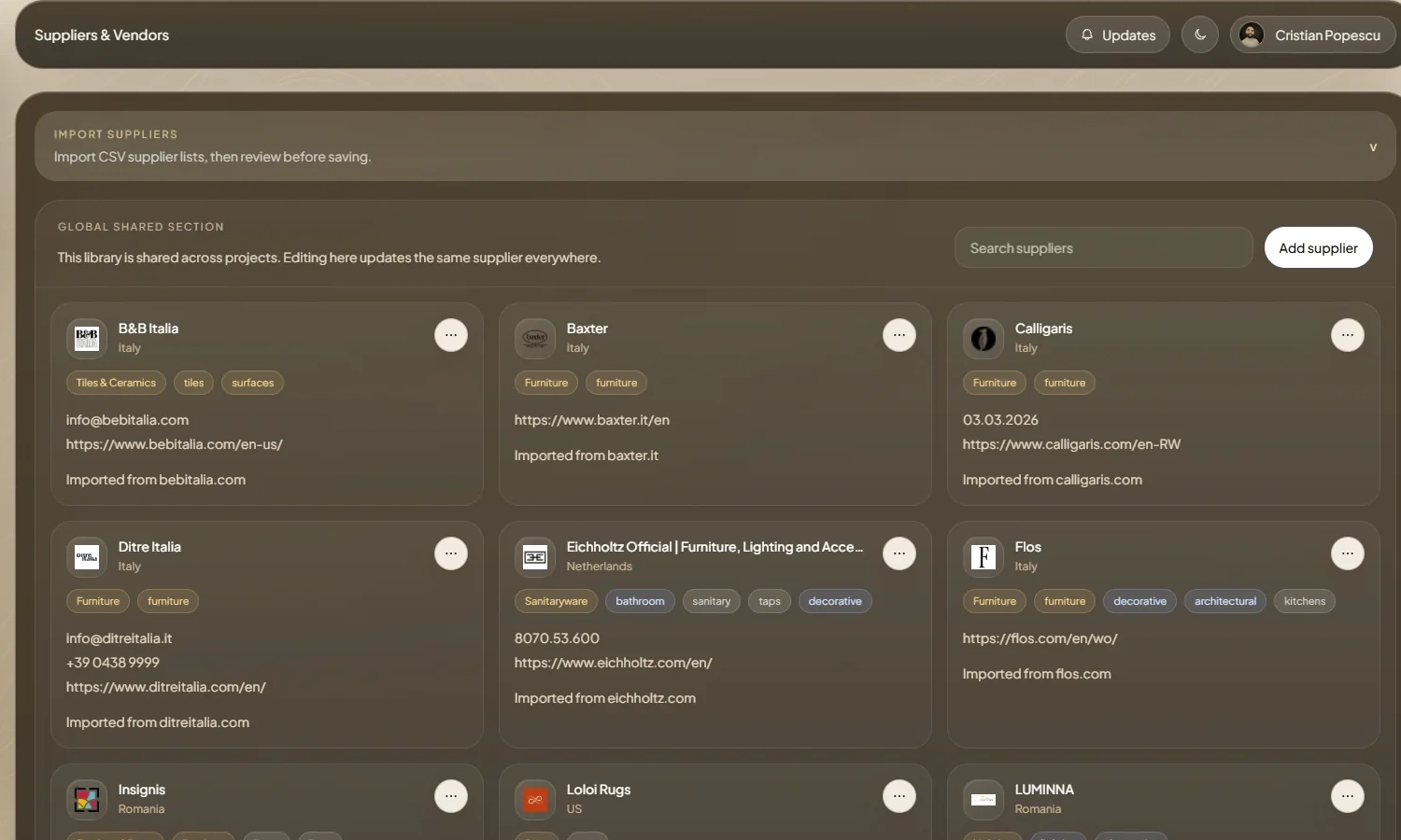 DesignerFlow Suppliers and Vendors interface with import, shared-library controls, supplier records, categories, contacts, and websites