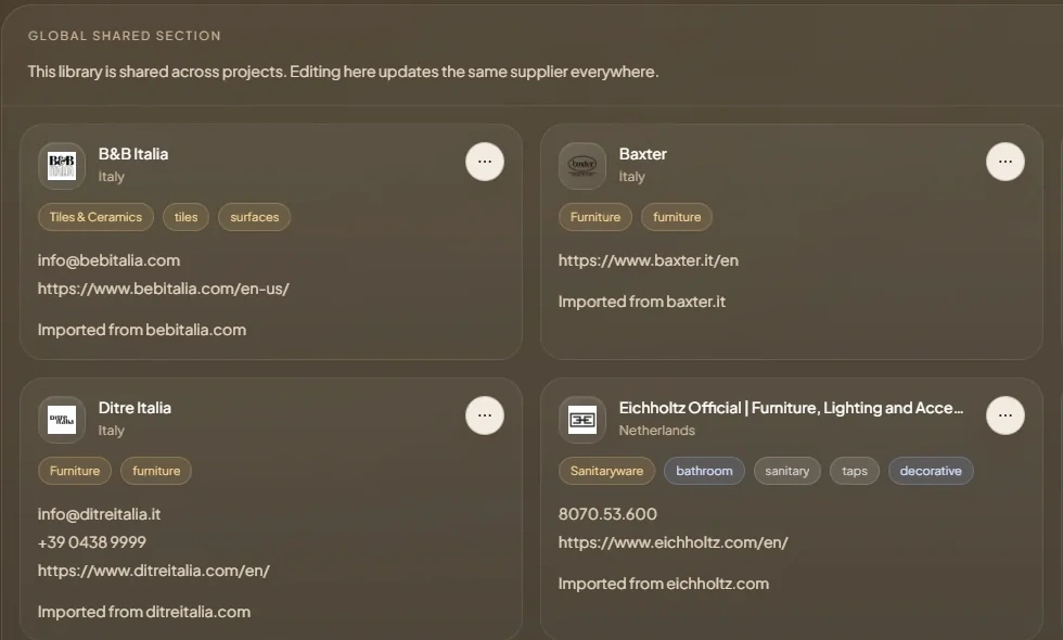 Current DesignerFlow supplier records with logos, categories, contacts, websites, and shared library structure