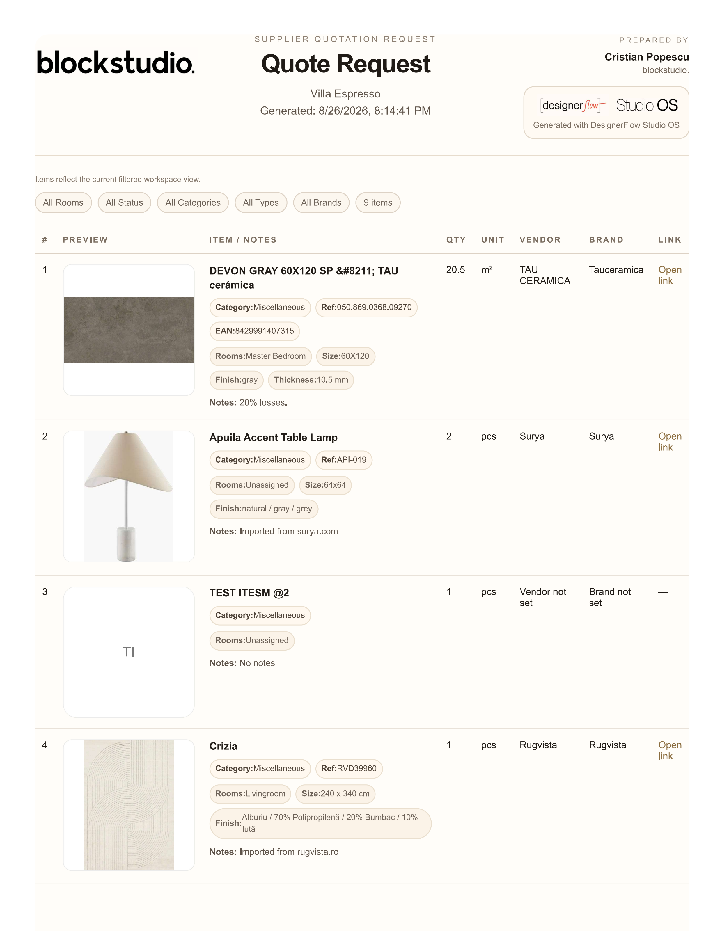 Current DesignerFlow supplier Quote Request with studio branding, generation and filter context, populated item rows, quantities, units, vendors, brands, references, and source links