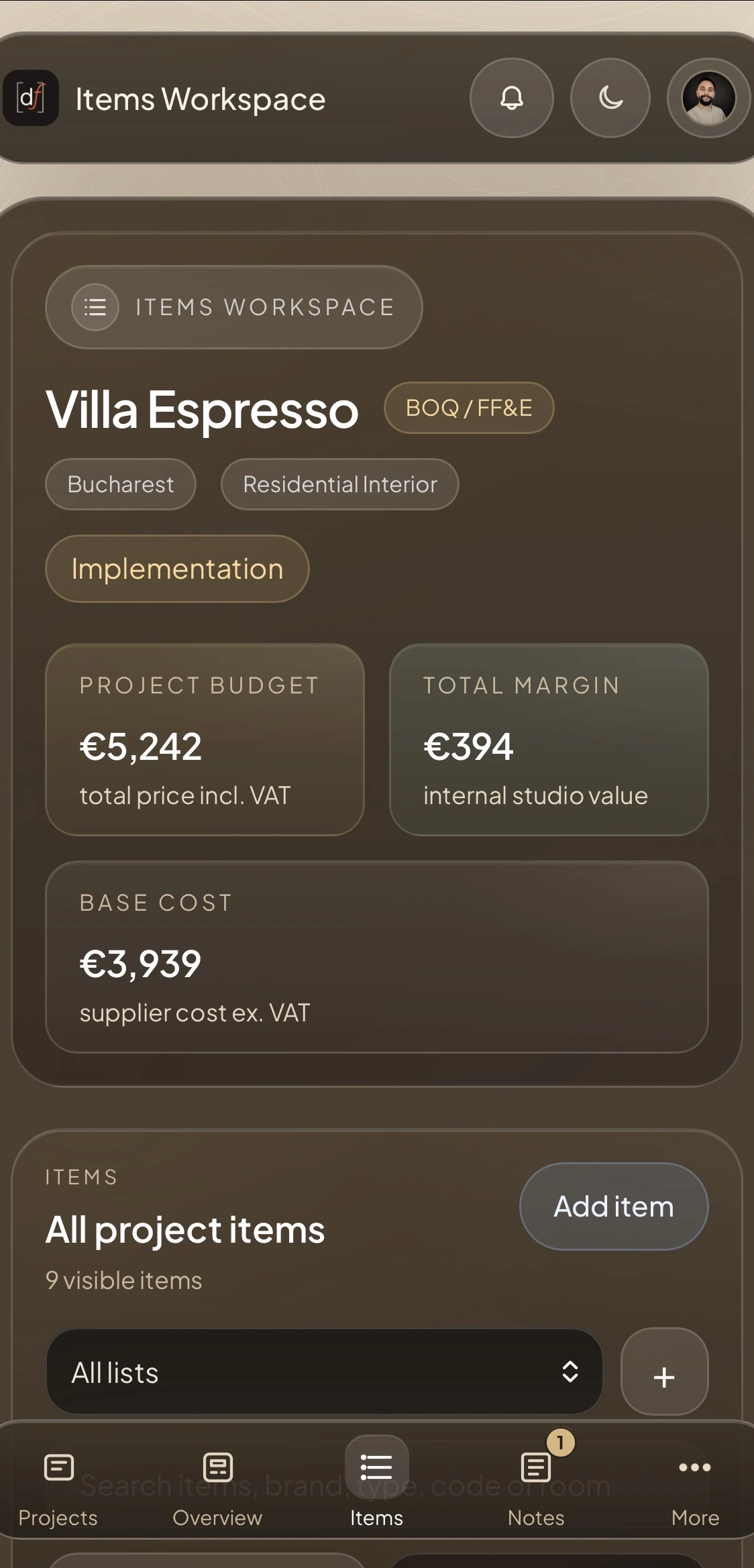 Current DesignerFlow Studio Items Workspace on mobile with project budget, margin, base cost, and item controls